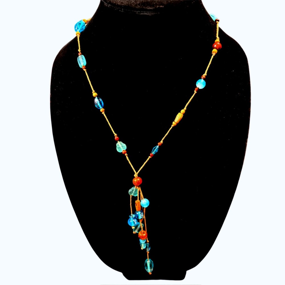 Lariat Necklace Women OS Blue Good Boho Glass Wood Beaded Cord 0392